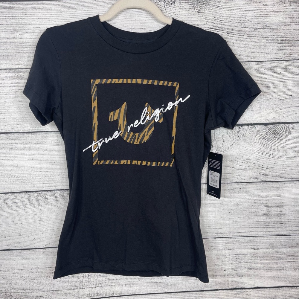 True Religion Zebra Box Black and Gold Crew T-shirt Sz S